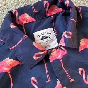 Men's Spicy Tuna Lightweight Button Down‎ Navy Flamingo Shirt Size Small